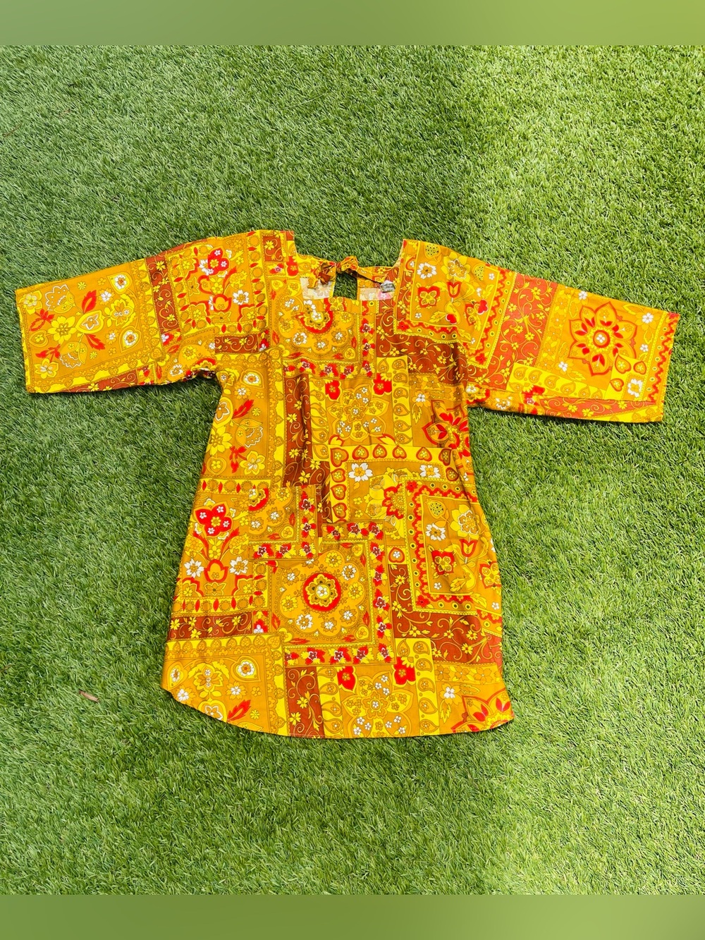 Vintage 1970s Design House Japan Patchwork Floral Tunic Dress Hippie Boho Smock